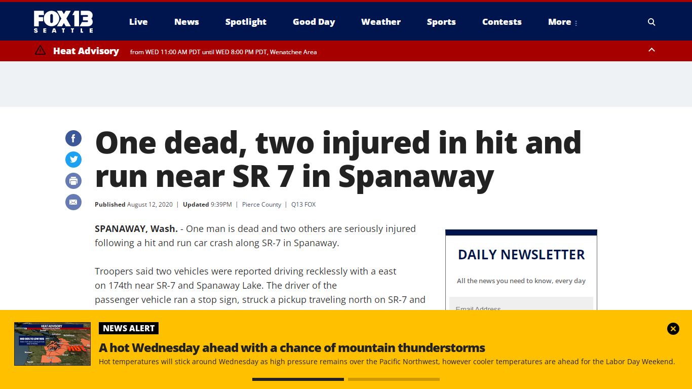 One dead, two injured in hit and run near SR 7 in Spanaway - Q13FOX.com